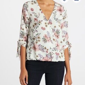 Floral V-Neck Blouse - Cream and Pink